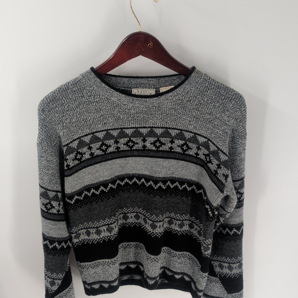 VTG Basic Editions Geometric Pure Acrylic USA‎ Made Pullover Sweater Gray Size M